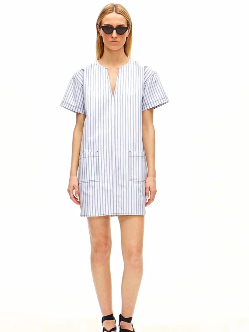 J. Crew White/Blue Striped Patch-Pocket Short Sleeve V-Neck Pullover Dress S NWT
